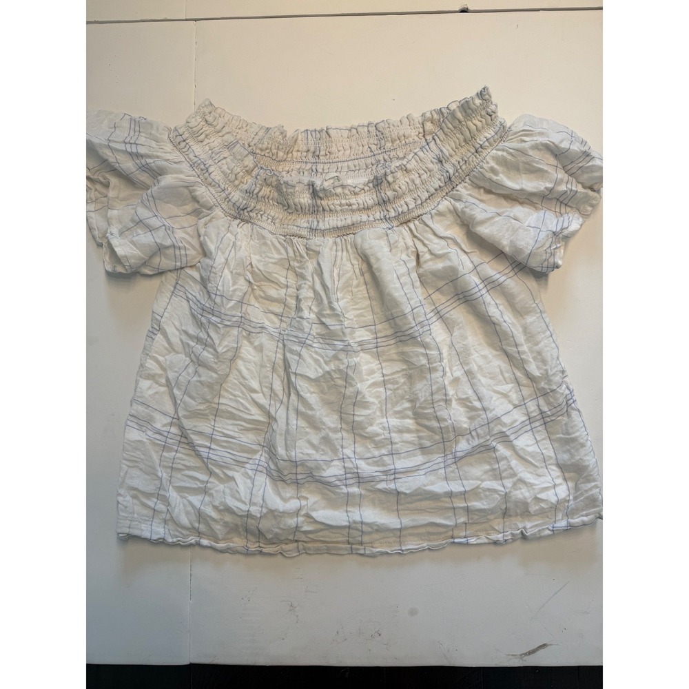 LUSH Women White Blue Plaid Off Shoulder Smocked Blouse Top T16402-I Size M - Picture 1 of 6